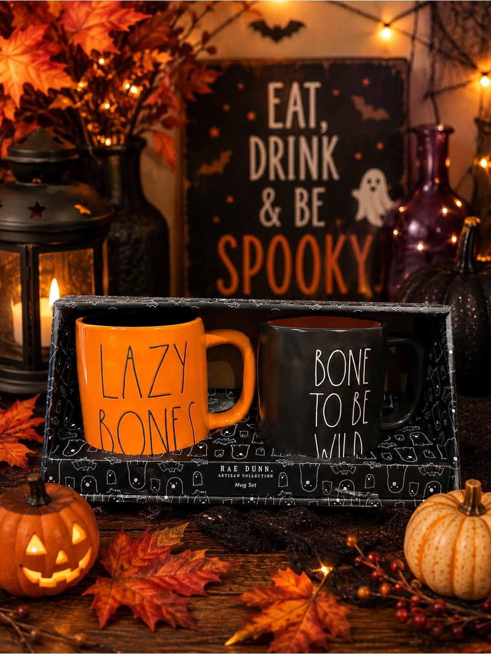 Rae Dunn Halloween Mug Set Lazy Bones & Bone to Be Wild 19.5 oz NWT